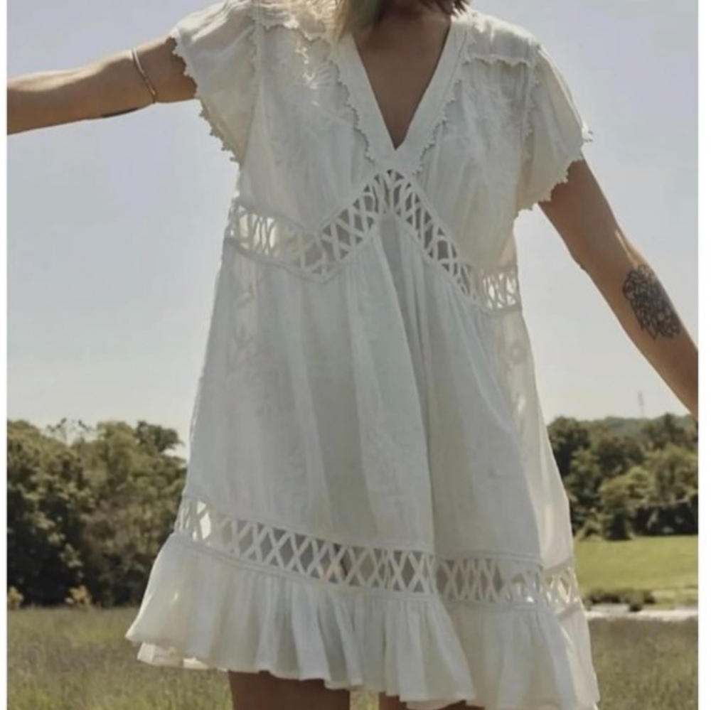 Free People Marissa Embroidered Cutout Ruffle Sleeve Mini Dress Oversize V-Neck